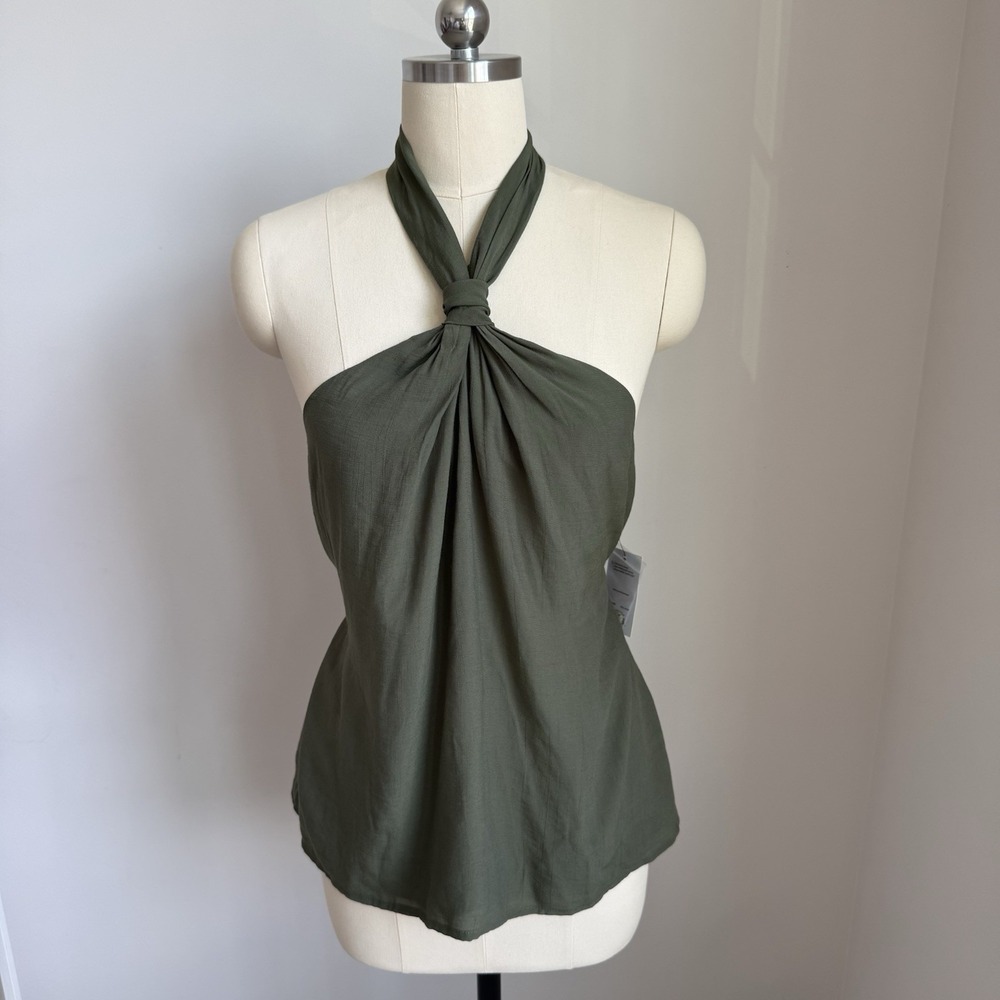 Nine West Womens Large Olive Green Halter Top Draped Open Back Resort NWT Boho